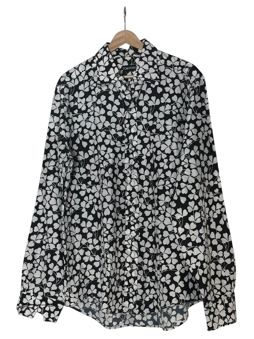 Tom Ford Three Leaf Clover Patterned Button Up Shirt Size XL 43 Black White
